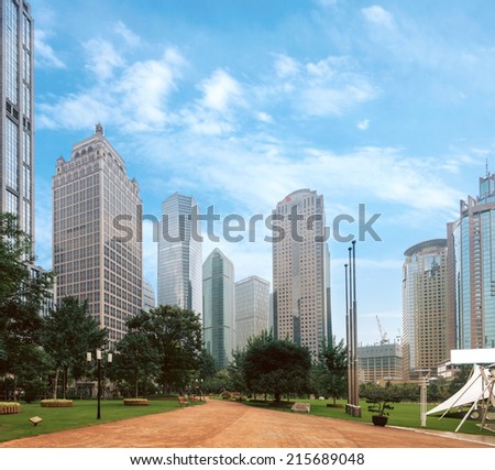 High-rises in Shanghai\'s new Pudong banking and business district, across the Huangpu river from the old city.