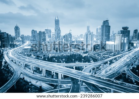 shanghai elevated road junction and interchange overpass at night
