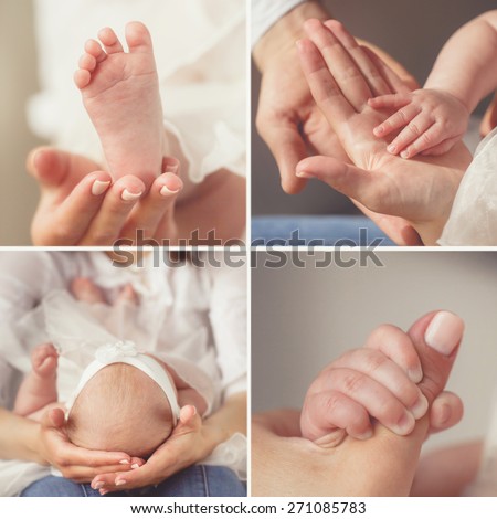Close-up of baby\'s hands and feet collage. Mother holding baby. Baby\'s feet. collage newborn. baby in mom\'s hands. Baby. Mother.