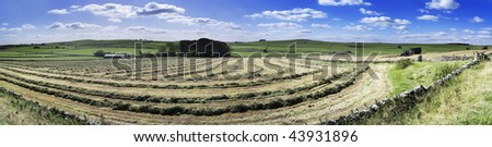 peak district landscape with fields and dry stone walls