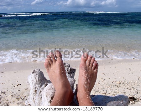 two feet resting on a log on a beach in mauritius