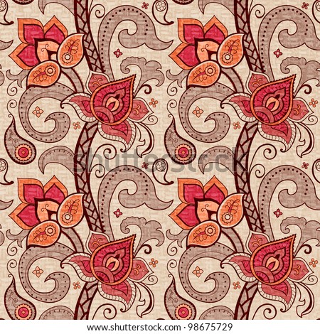 Floral Decorative Seamless Pattern Red Flowers And Paisley Stock Photo ...