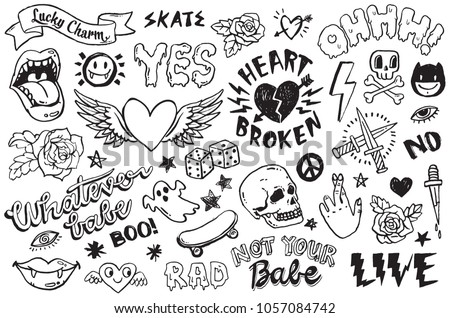 A set of graffiti doodles suitable for decoration, bagdes, stickers or embroidery. Vector illustrations.