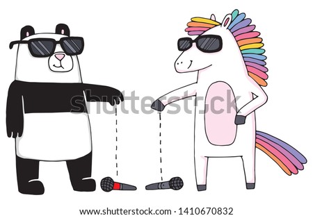 A very trendy rainbow unicorn and a cool panda bear doing a mic drop. Statement made. Vector illustration. 