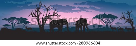 Silhouettes of african wild elephants and other animals at sunset or sunrise 