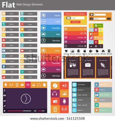 Flat Web Design, elements, buttons, icons. Templates for website. 