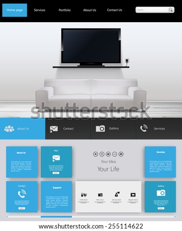 One page website design Template and interior, tv on the wall.