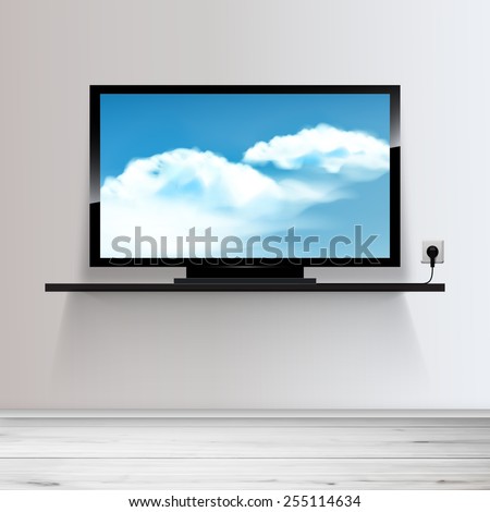Vector HD TV on shelf, realistic illustration, sky with clouds on screen.