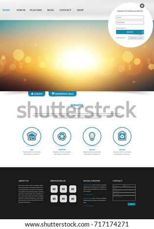 One Page Website Template, Simple and Clean Design with Blurred Header Design. Vector Illustration.