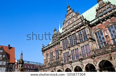 wide angle photo of Town Hall in Bremen over clear blue sky