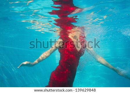 underwater fashion woman in red dress