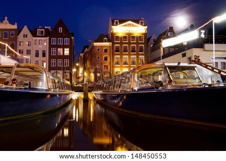 night scene from Amsterdam, boats and houses, Netherlands