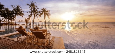 Similar – Image, Stock Photo Couple of travelers on hill in mountains