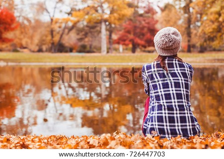 Image, Stock Photo Unrecognizable woman near forest river