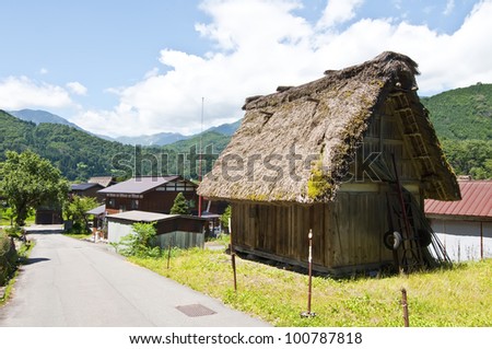 Houses in the Japanese Alps in Shirakawago, nature landscape of vegetation