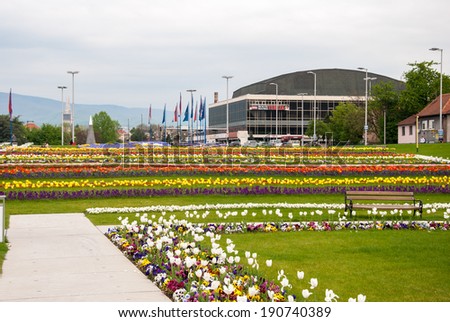 ZAGREB, CROATIA - April 12, 2014 - City view from flower garden near Bandiceve fountains.