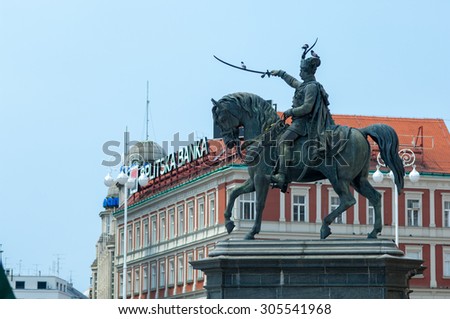 Zagreb, Croatia - July 16, 2015: Ban Jelacic statue on central city square of Zagreb.