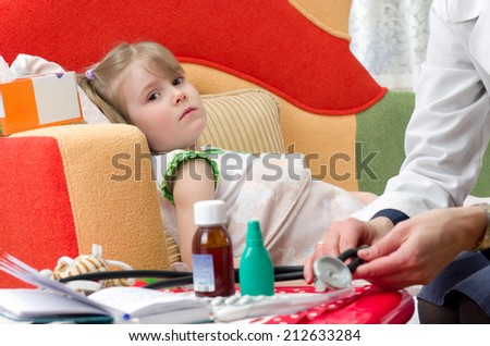 physician house call. Examines sick little girl