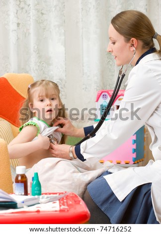 A physician house call. Examines sick girl