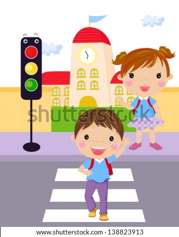 Two Children Use A Cross Walk To Cross The Street. Stock Vector ...