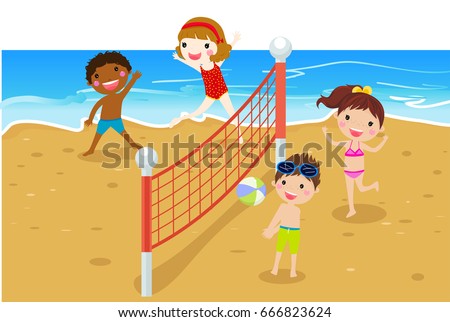 Happy kids playing beach volleyball