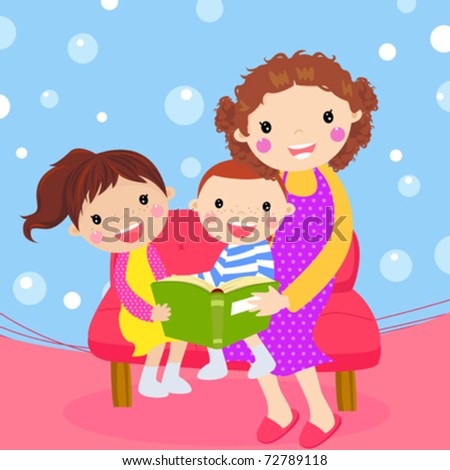 Young mother reading book to her children