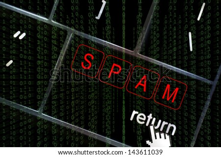 Spam concept with the focus on the return button overlaid with binary code