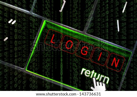 Login concept with the focus on the return button overlaid with binary code