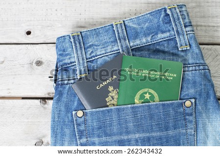 Dual citizenship blue collar worker concept with a jeans and two passports