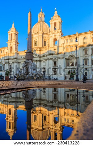 The fountain of the four Rivers with Egyptian obelisk early morning, Piazza Navona, Rome, Italy