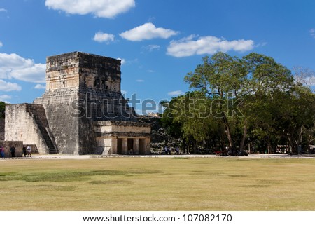 Ruins forming part of the Jugo de Pelota (ball game) sports field among the Mayan ruins of Chichen Itza, Yucatan, Mexico.