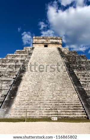 View up the stairs of El Castillo, the Mayan Pyramid to the god Kukulkan, the feathered serpent, at Chichen Itza, Yucatan, Mexico, on March 20, 2012, the day of the spring equinox 2012.