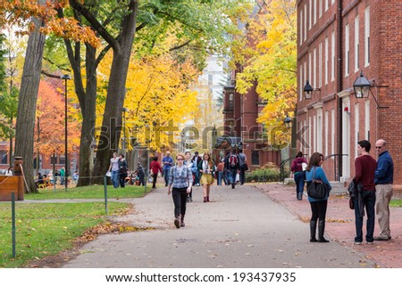 CAMBRIDGE, MA, USA - NOVEMBER 2, 2013: Harvard Yard, old heart of Harvard University campus, on a beautiful Fall day in Cambridge, MA, USA on November 2, 2013.