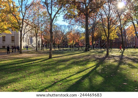 Harvard Yard, old heart of Harvard University campus, on a beautiful fall day in Cambridge, MA, USA on November 12, 2010.