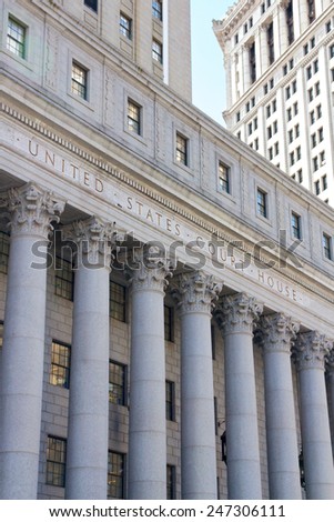 NEW YORK, NY, USA - SEPTEMBER 9, 2012: Facade of the United States Court House of the Southern District of New York in Lower Manhattan, New York, NY, USA of September 9, 2012.