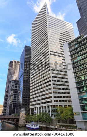 CHICAGO, IL, USA - OCTOBER 11, 2014: Skyscrapers by the Chicago River in downtown Chicago, IL, USA on October 11, 2014.