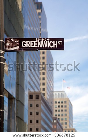 Street sign for Greenwich Street in the Financial District of Manhattan, New York, NY, USA.
