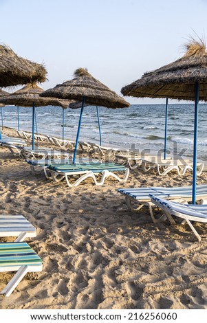 Sun umbrella on an empty beach and sea water horizon. Clear blue sky. In tunisia