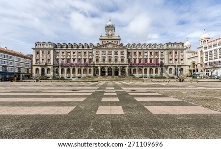 FERROL, SPAIN - MARCH 28, 2015: View of Ferrol city hall building Ferrol is a town located in Galicia, in the north of Spain. Photo shows main square of Ferrol.