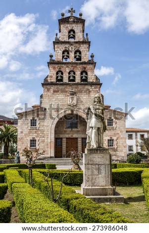 Church of the Assumption of Cangas de Onis, Asturias Spain and Statue of Don Pelayo, first king of Spain.