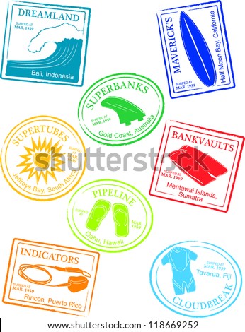 Retro Tropical Surf Break Passport Stamps Vector Illustration