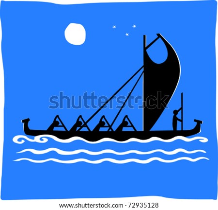 Retro Men Paddling Tropical Warrior Outrigger Canoe Racing at Night Vector Illustration