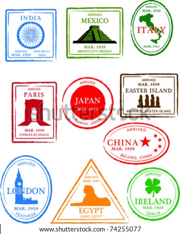 Retro European Set Of Fun World Passport Stamps Vector Illustration ...