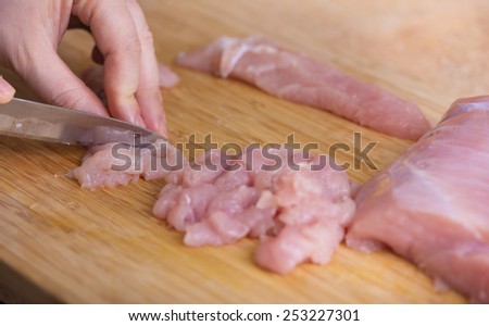 Man\'s hand cutting chicken breast