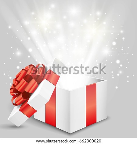 Opened gift box with red bow and lights