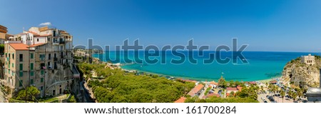 Daylight panoramic sea view seen from Tropea viewpoint, Calabria, Italy.
