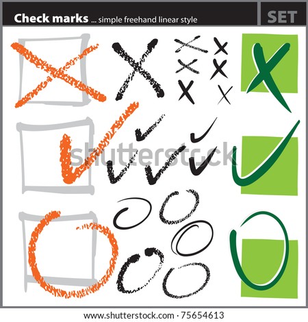 Check marks set (freehand artistic style), painterly handdrawn symbols, vector, isolated