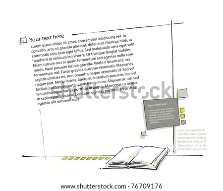 Page layout, book icon included (simple linear drawing, blank text, vector)