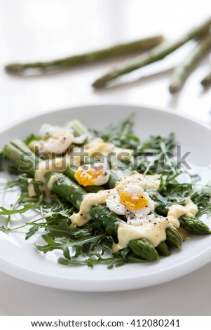 Similar – Image, Stock Photo Asparagus Salad with quails eggs and cheese crisps