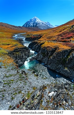 Mountains and glacier with the river and yellow fields. Fall. (Altai)